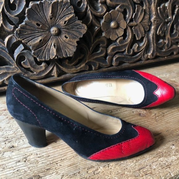 Vtg BOTTEGA VENETA Wingtip Snakeskin Leather Suede Contrast Stitch Heels 6.5 - Picture 8 of 16